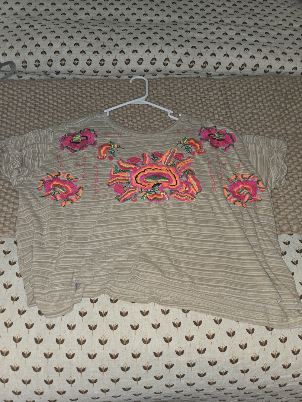 Free People Beige Striped Tee with Neon Pink & Orange Embroidery